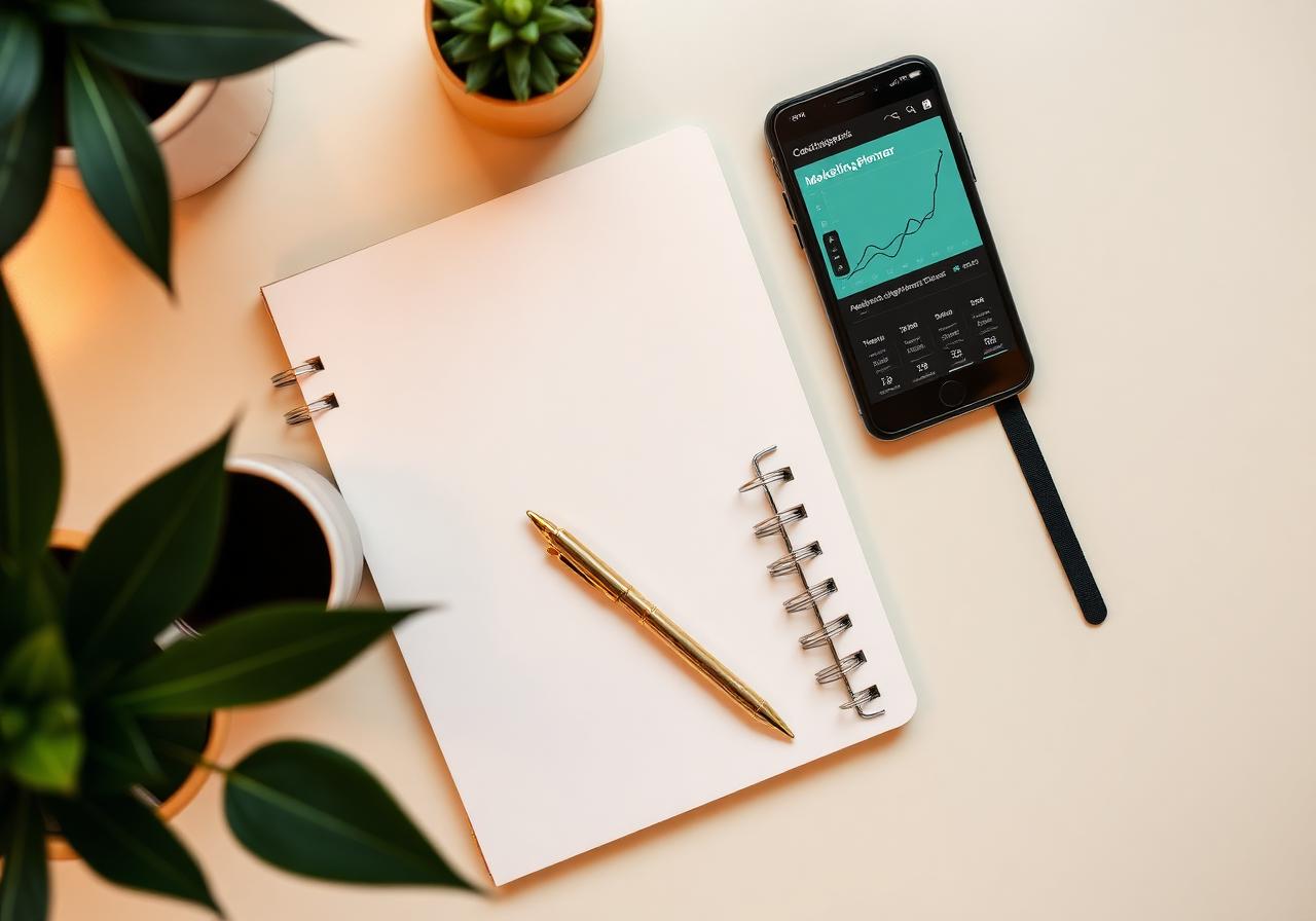 Marketing planner with phone showing analytics